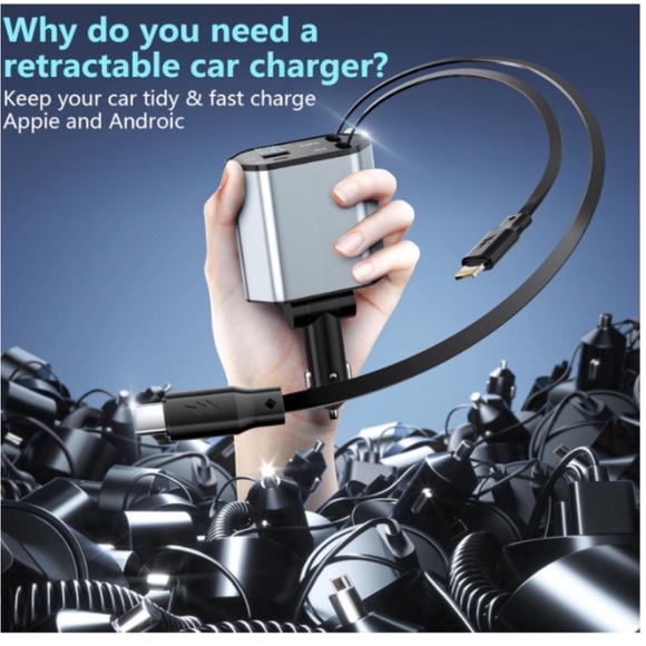 Retractable Car Charger 120W Works for iOS & Android (LONG CABLE) - Picture 2 of 6